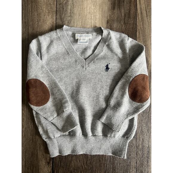Ralph Lauren Baby Boy Size 12M Gray V-Neck Sweater Elbow Patch 100% Cotton - Picture 1 of 12